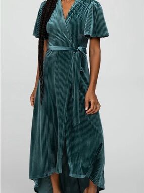 Simplee Apparel Teal Velvet Ribbed High-Low Wrap Dress